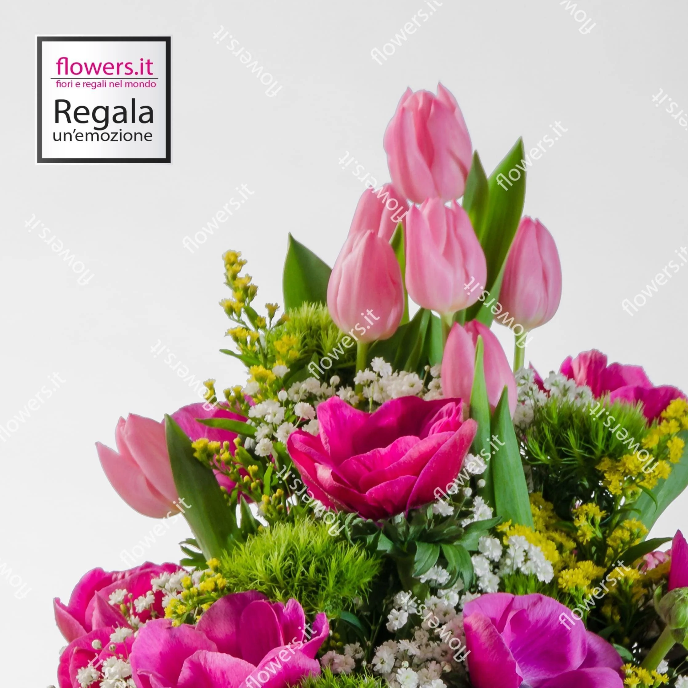 ALLEGRIA - Tulipani, anemoni, green trick, solidago - Bouquet vivace con fiori di stagione e verde. | Flowers Delivery Consegna Fiori a Domicilio