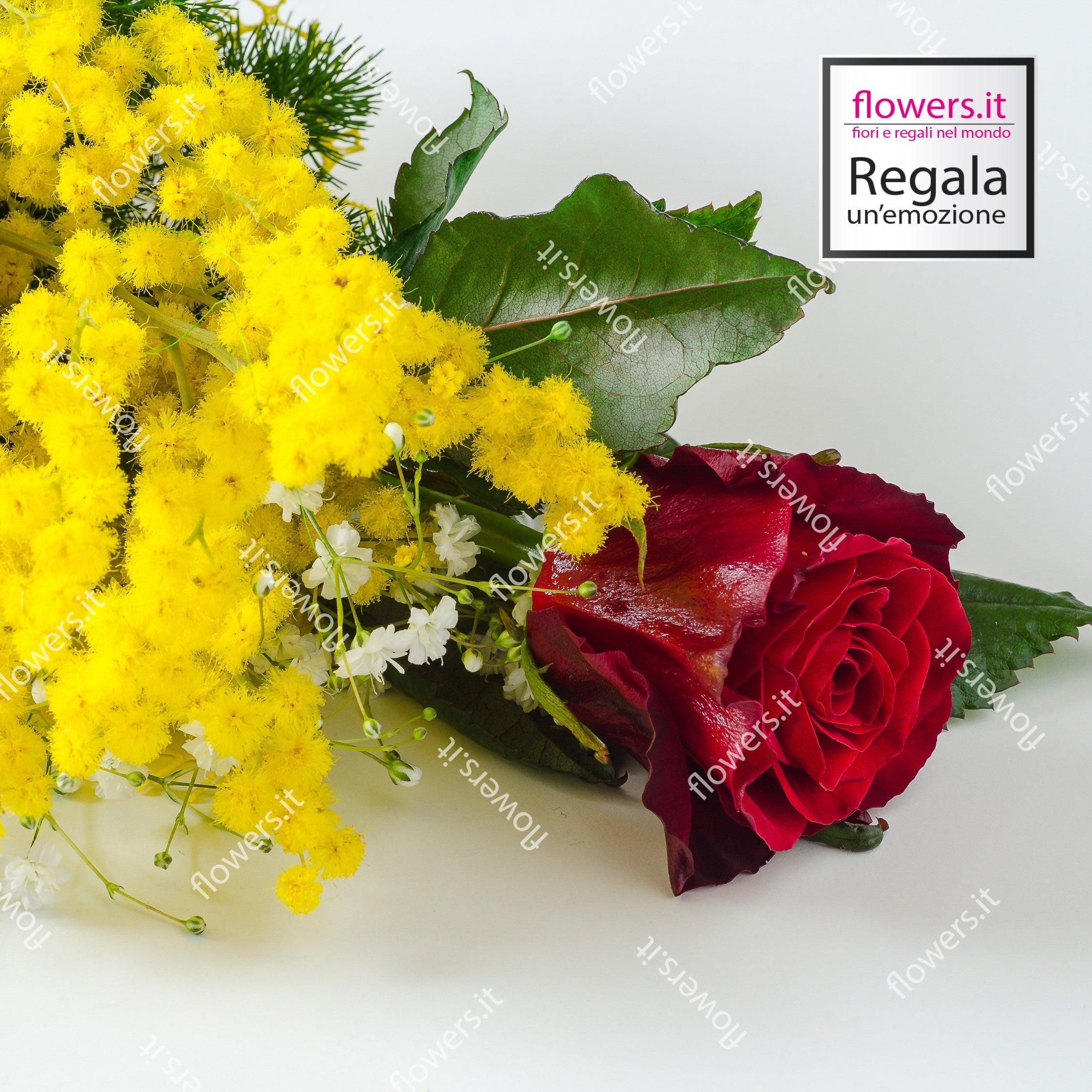 LA DONNA PIU' IMPORTANTE - Rosa e mimosa - Rosa rossa con mimosa. | Flowers Delivery Consegna Fiori a Domicilio