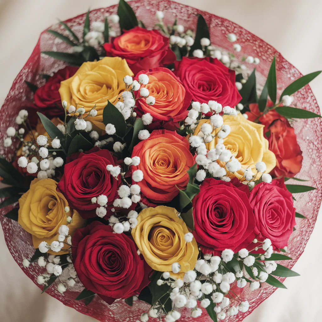 FIAMME DI GIOIA - Rose Rosse, Gialle, Arancio, Verde e Gypsophila