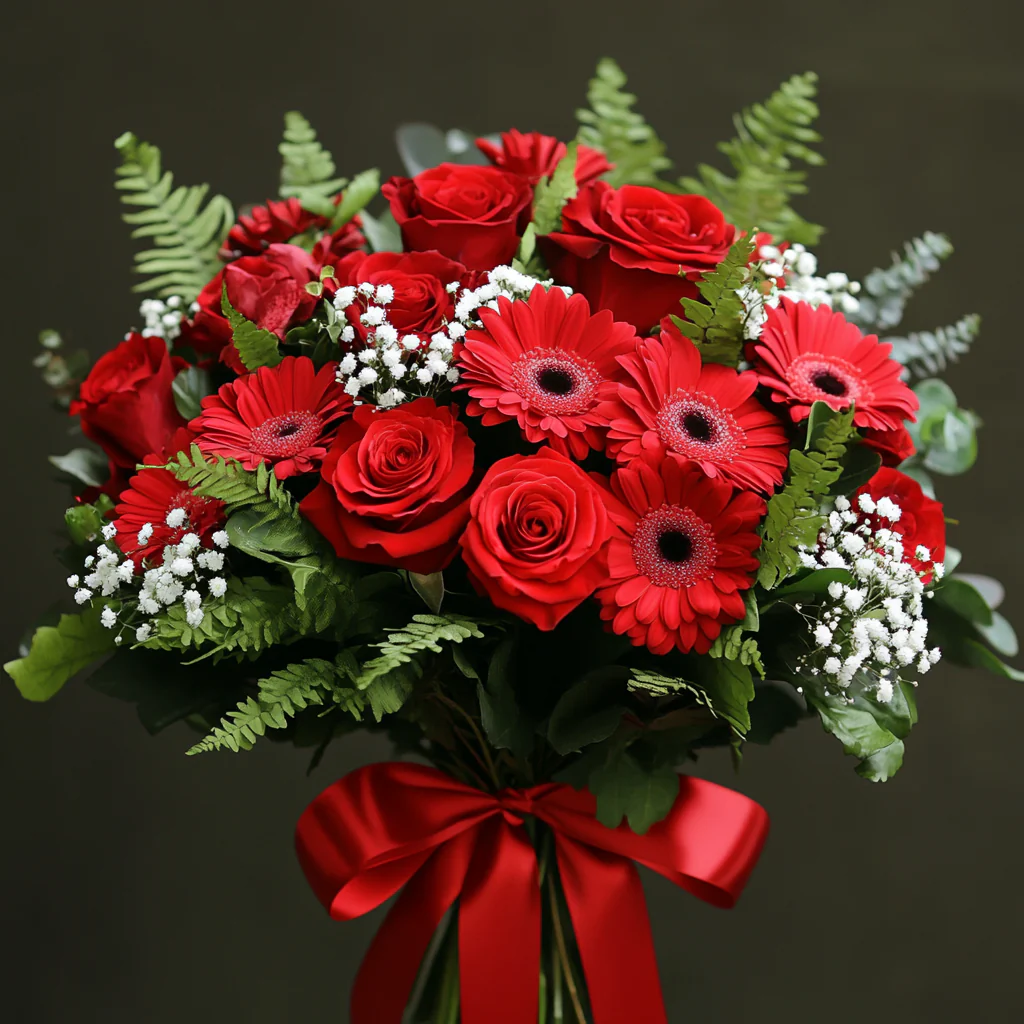 PASSIONE IN ROSSO – Rose Rosse, Gerbere e Gypsophila